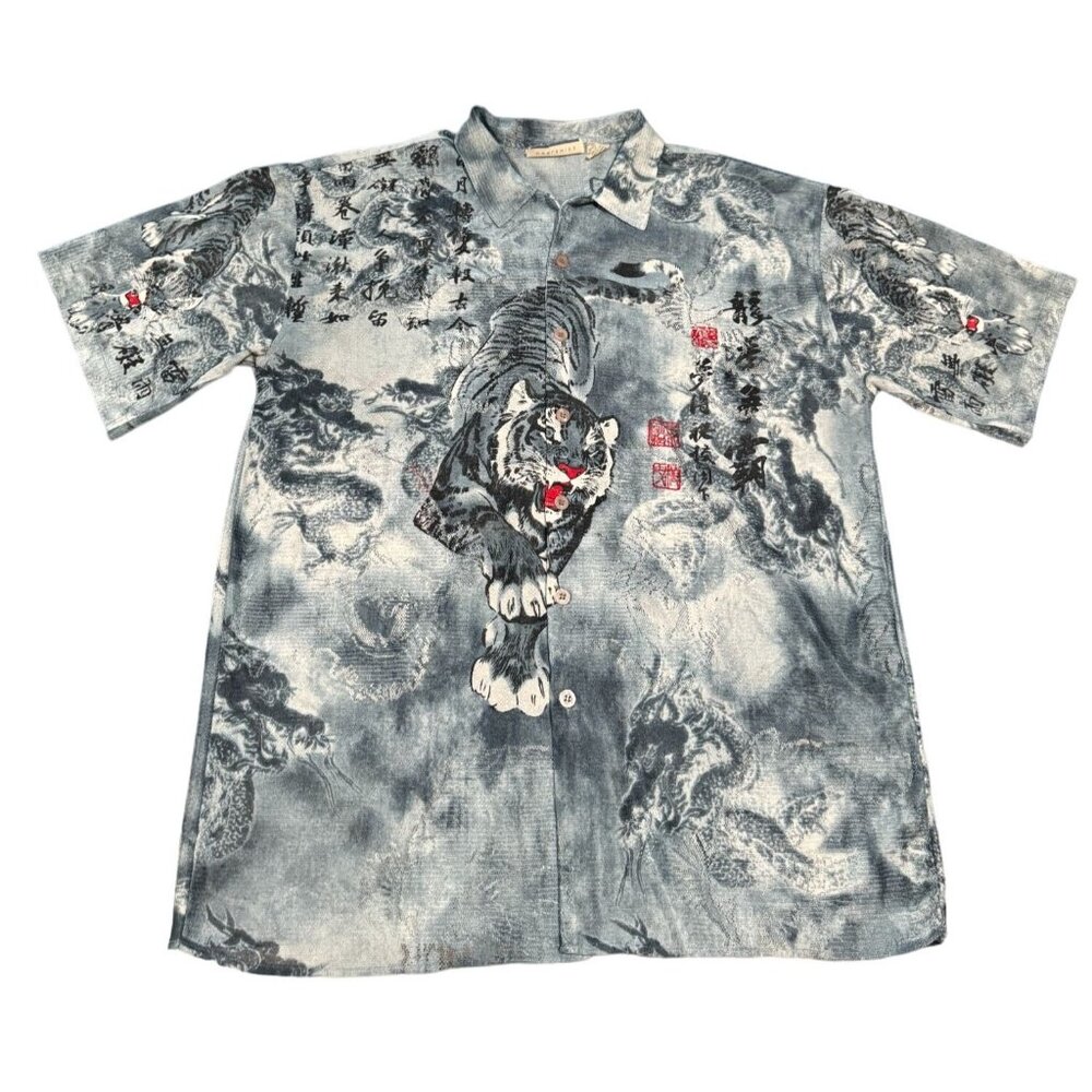 Skoops‎ Worldwide Tiger Dragon Graphic Lace Mesh Button Down Shirt Mens XL Blue